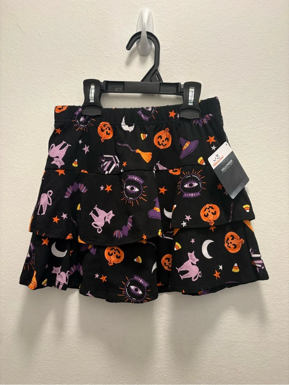 Kids Tiered Halloween Skirt - Black with Orange & Purple Motifs